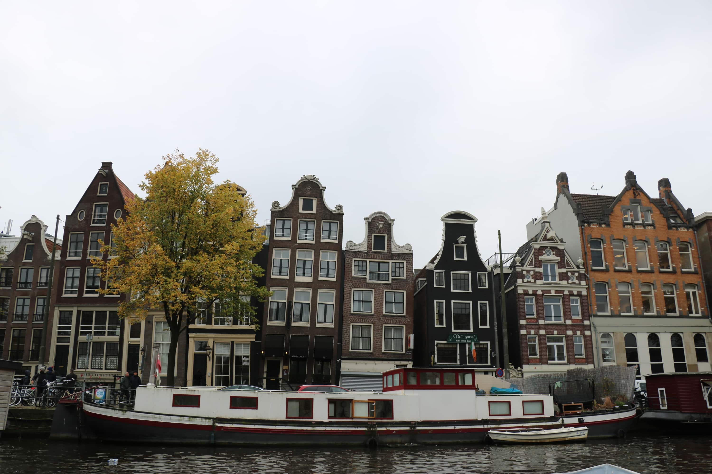 Leaning Dutch houses lining one of Amsterdam's canals.