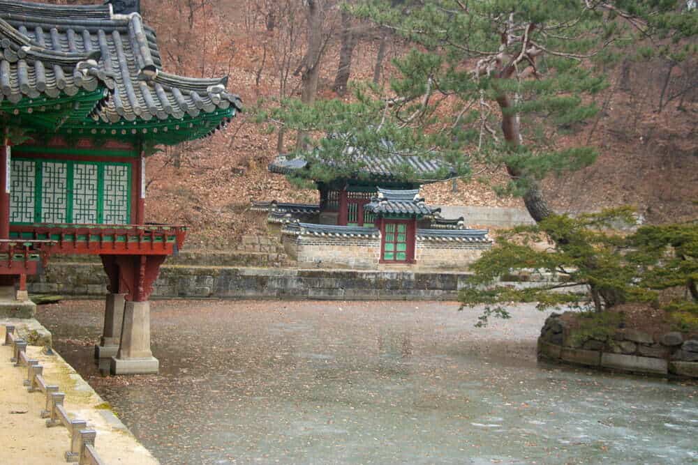 The frozen waters of Changdeokgung Palace's pond in a chilly Seoul winter