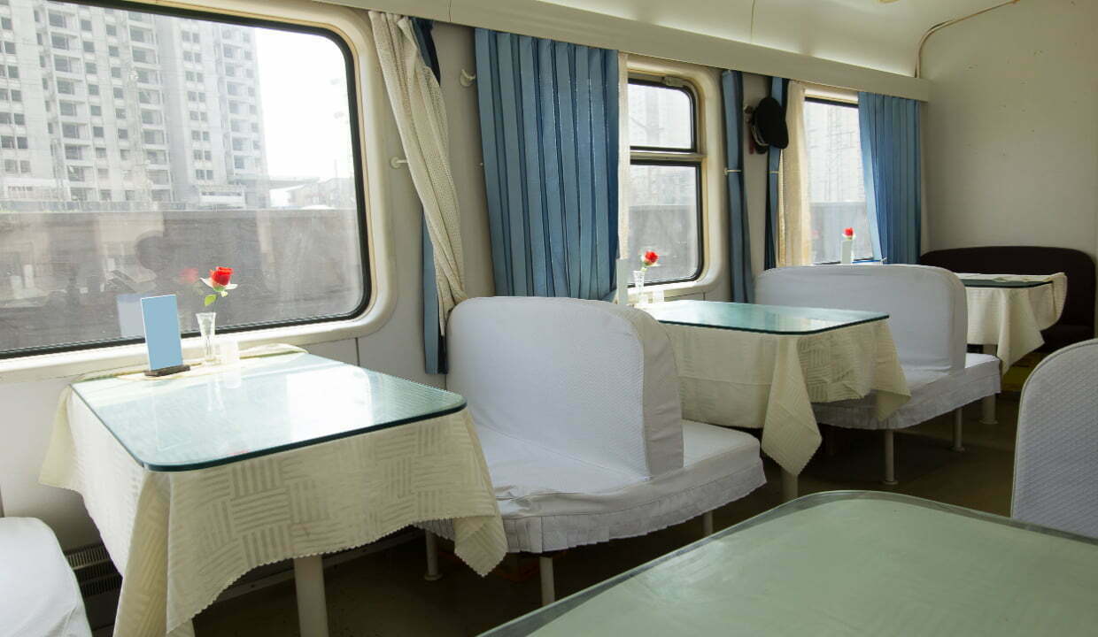 Inside the dining car of a train