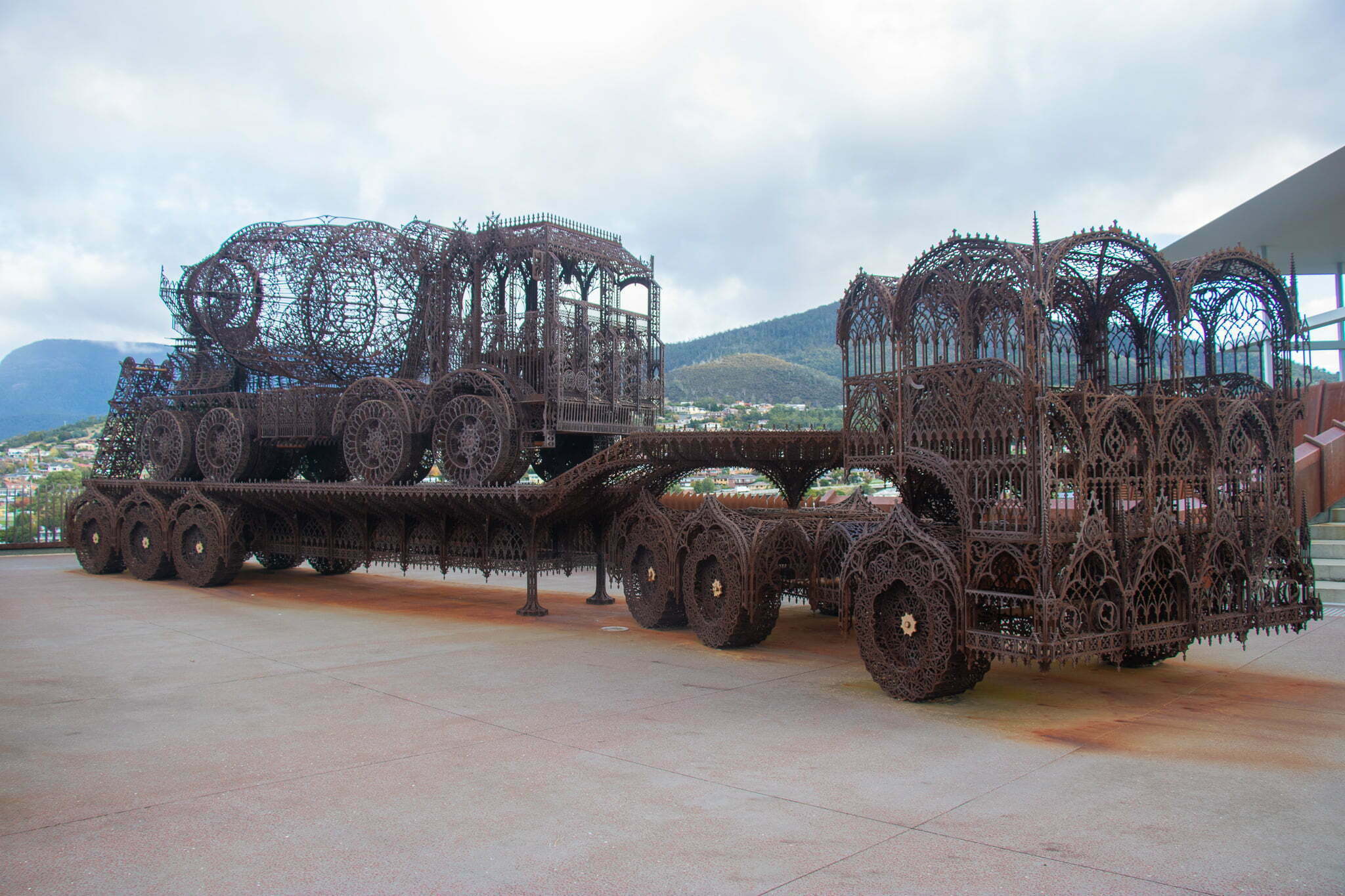 A wrought iron artwork shaped like a truck