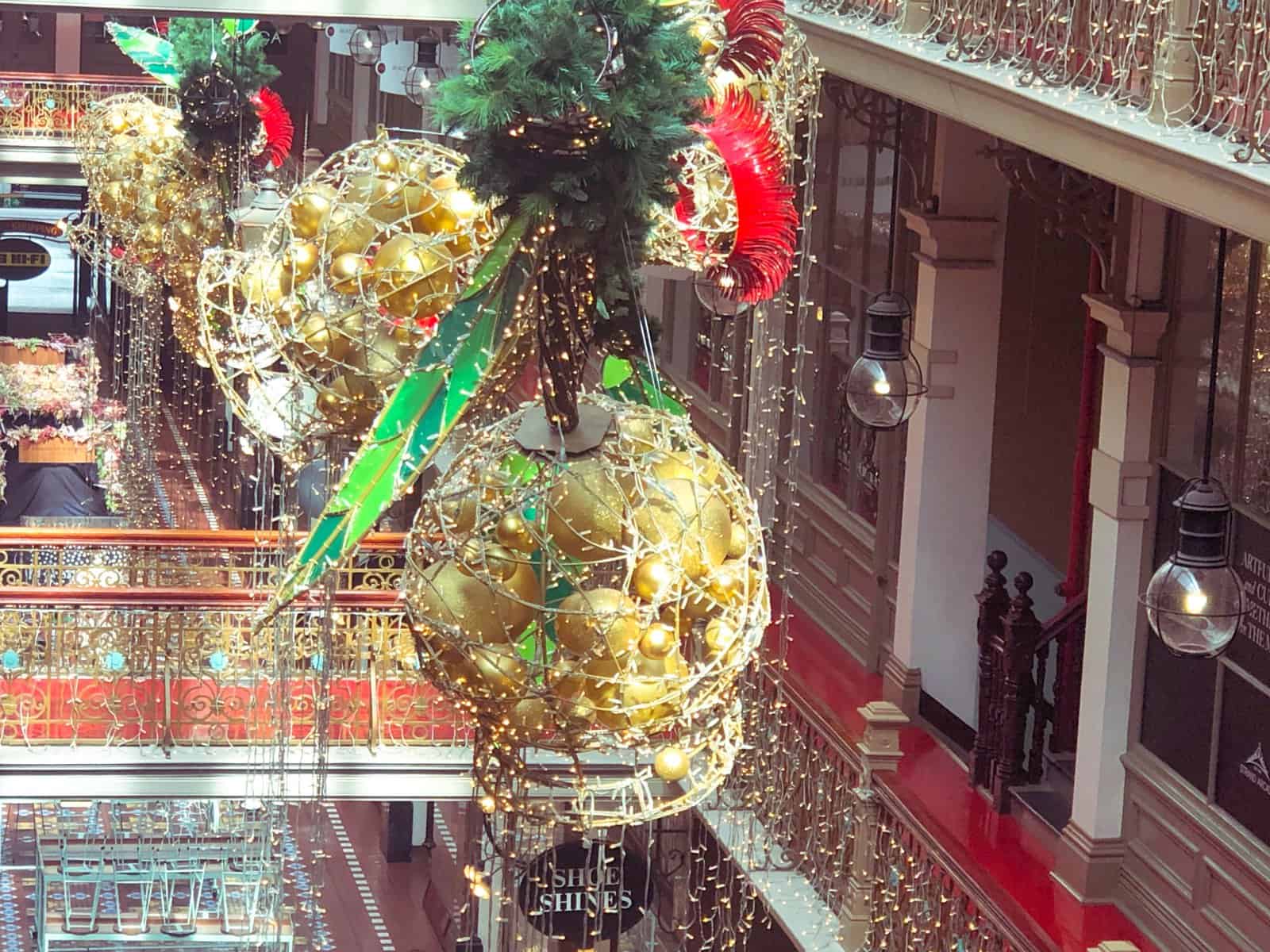 Christmas Decorations hanging from the roof of the Strand Arcade